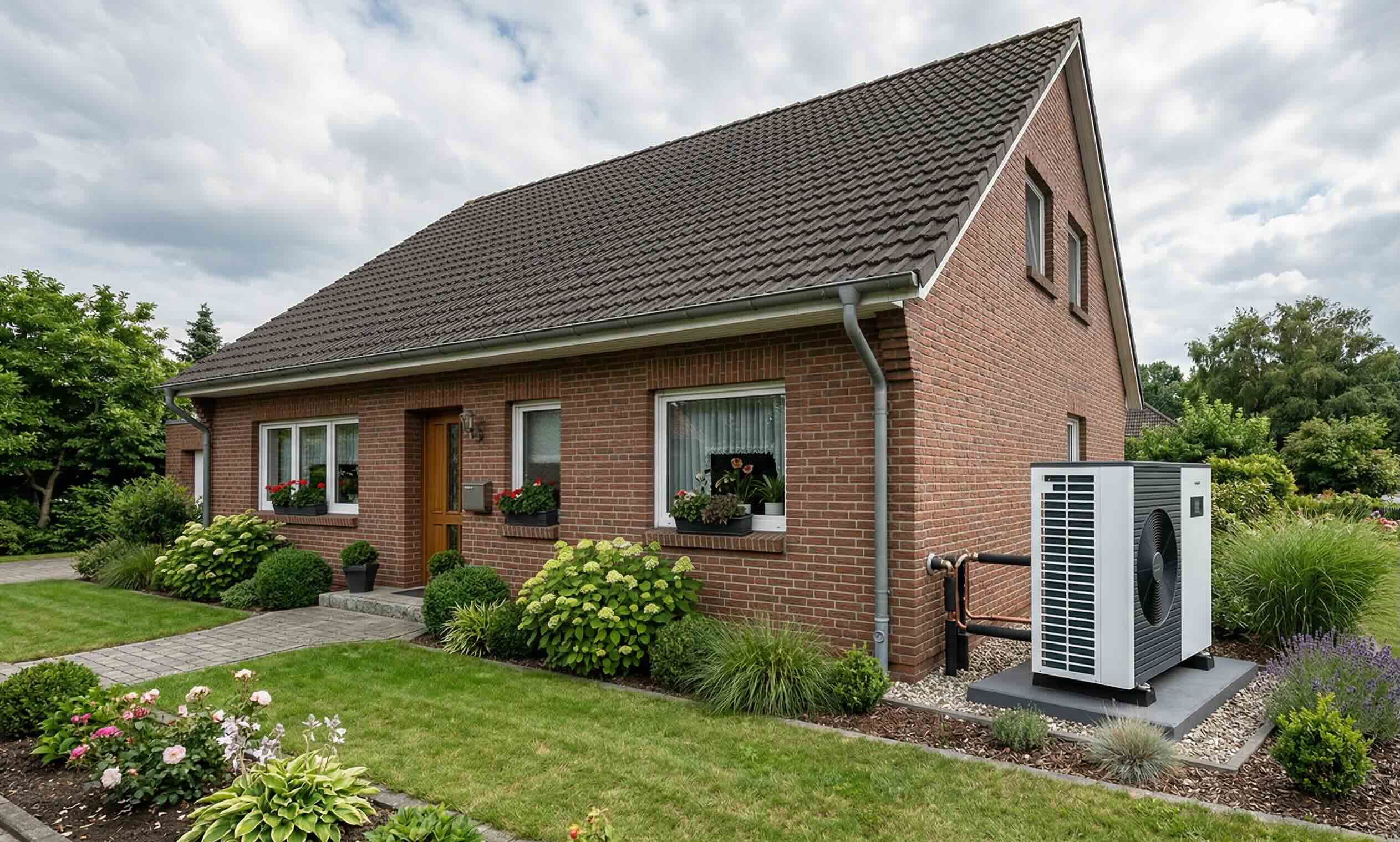 Wärmepumpe vor norddeutschem Einfamilienhaus – Umstieg von Gas- und Ölheizung mit KfW-Förderung (Symbolbild)