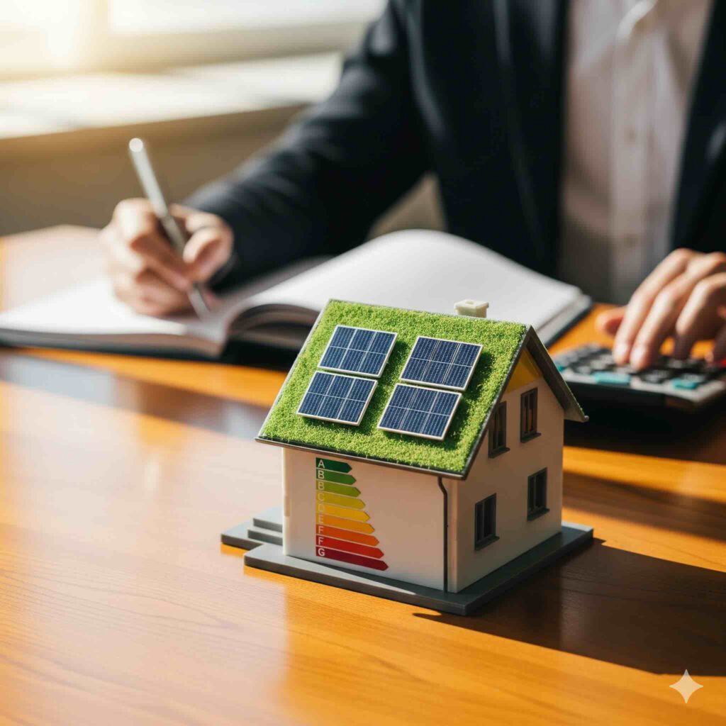 Energieberatung Celle - Energieberater bei der Beratung zu Photovoltaik und Energieeffizienz mit Hausmodell und Energieausweis