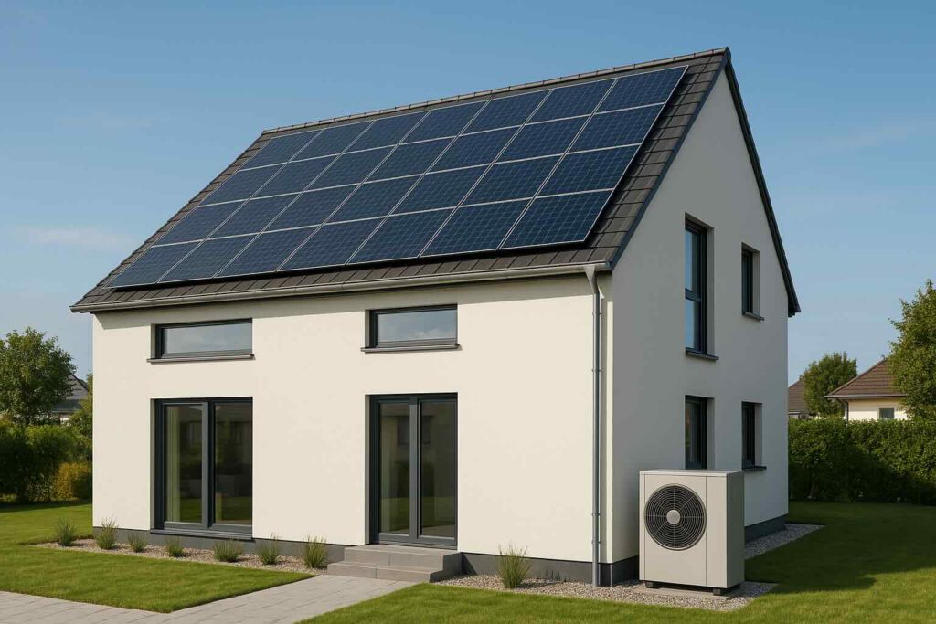 Energieberatung Celle - Modernes Energieeffizienzhaus mit Photovoltaikanlage und Wärmepumpe als Beispiel für nachhaltige Energielösungen