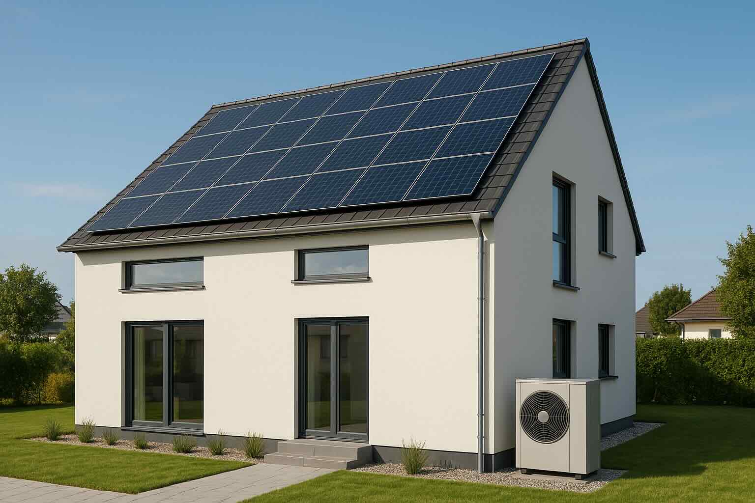 Energieberatung Celle - Modernes Energieeffizienzhaus mit Photovoltaikanlage und Wärmepumpe als Beispiel für nachhaltige Energielösungen